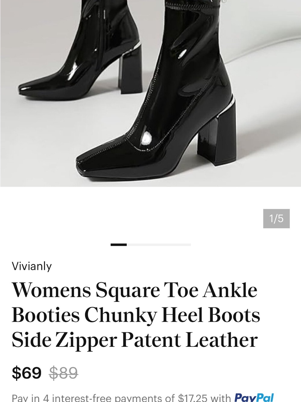 Vivianly Black Patent Square-Toe Chunky Heel Ankle Boots